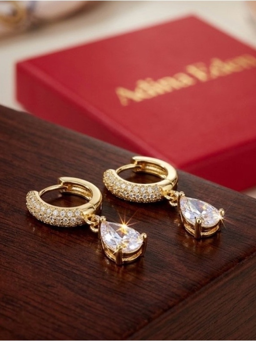 Adina Eden Gold Pavé Huggie Earrings with Clear Teardrop Drops